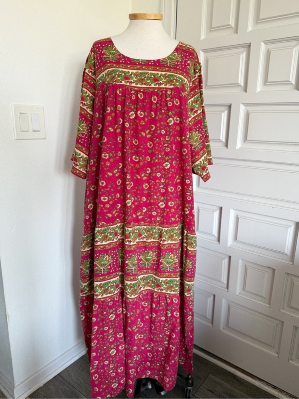 The Vermont Country Store Long Maxi Dress Floral Pink Green Half Sleeve Size 3X